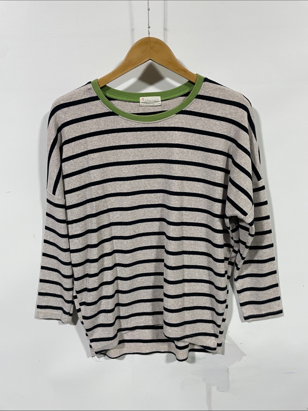 Arwano Women's Striped Long-Sleeve Crewneck Top in Beige with Green Trim